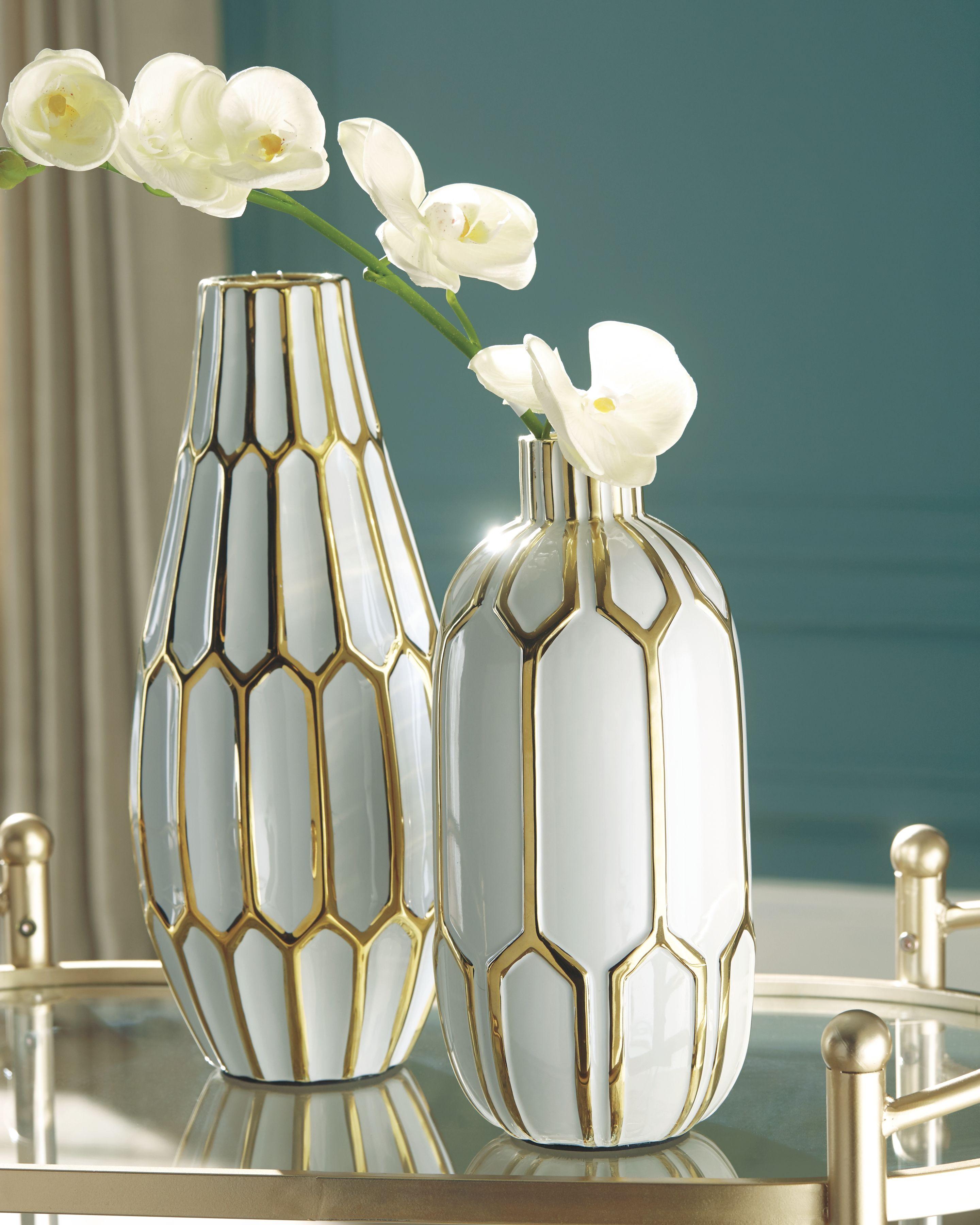 Ashley Furniture - Mohsen - Gold Finish / White - Vase Set (Set of 2) - 5th Avenue Furniture