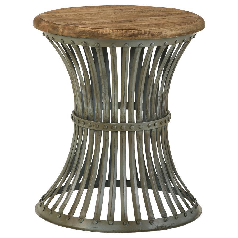 CoasterEssence - Matyas - Round Accent Table With Natural Top And Blue Distressed Base - 5th Avenue Furniture