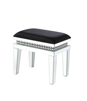 ACME - Lotus - Vanity Stool - Black Fabric, Mirrored & Faux Crystals - 5th Avenue Furniture