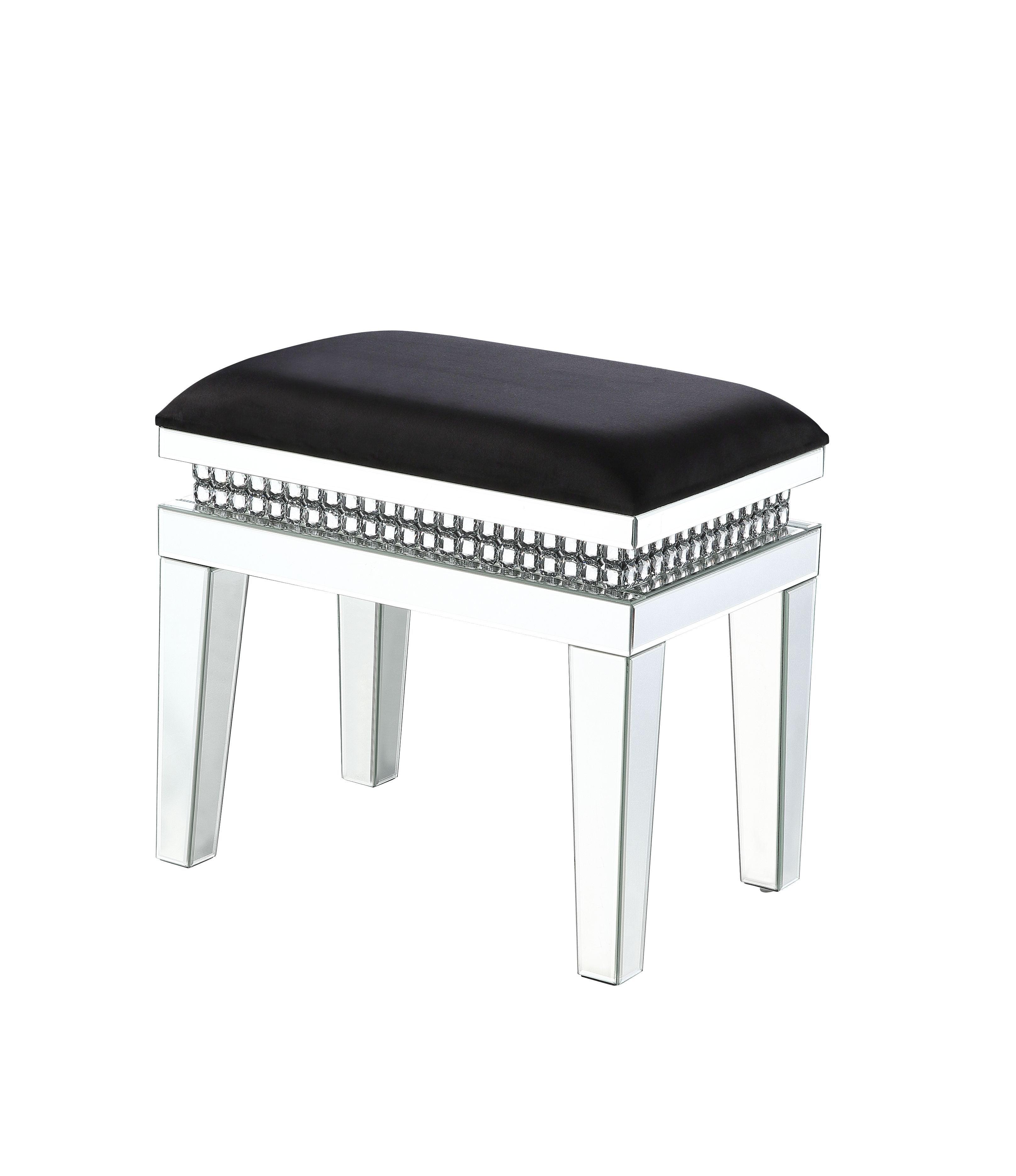 ACME - Lotus - Vanity Stool - Black Fabric, Mirrored & Faux Crystals - 5th Avenue Furniture