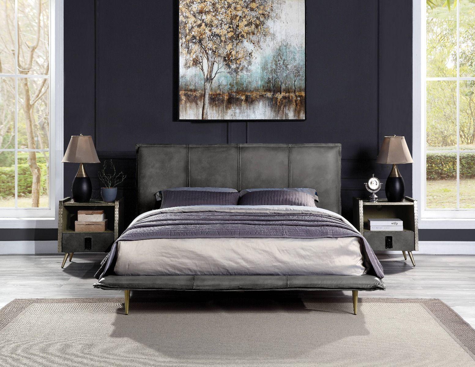 ACME - Metis - Eastern King Bed - Gray Top Grain Leather - 5th Avenue Furniture