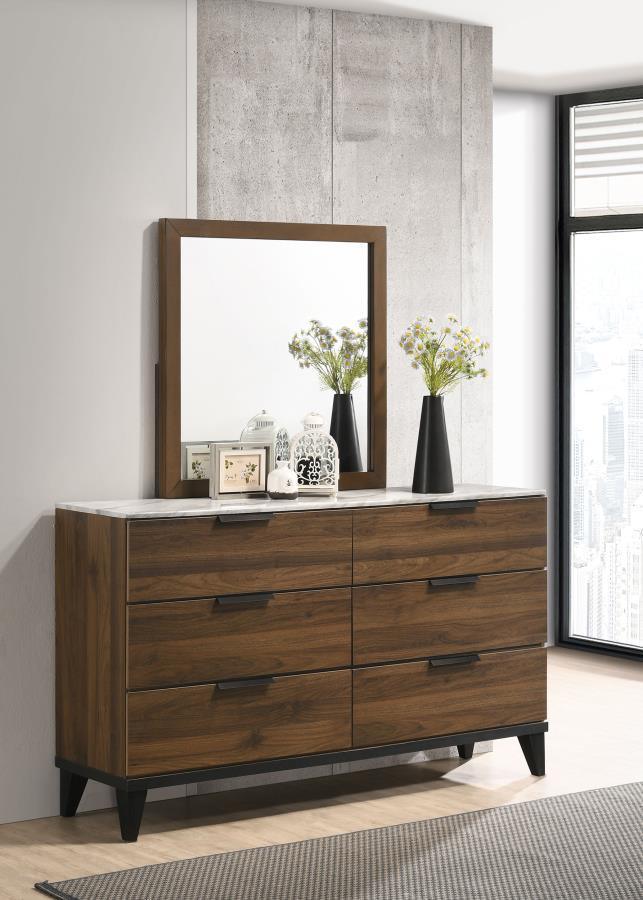 CoasterEveryday - Mays - 6-Drawer Dresser With Mirror With Faux Marble Top - Walnut Brown - 5th Avenue Furniture