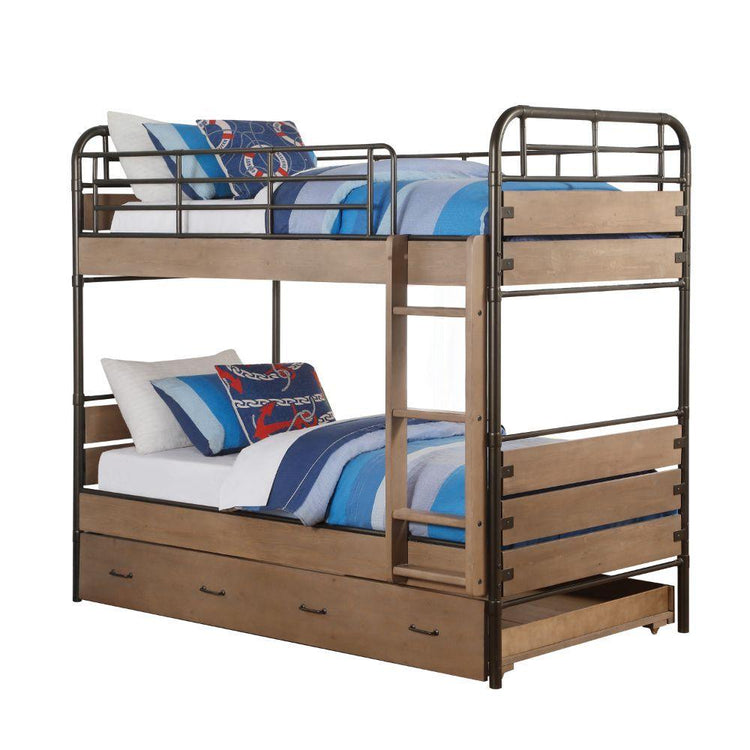 ACME - Adams - Twin Over Twin Bunk Bed & Trundle - Antique Oak & Gunmetal - 5th Avenue Furniture