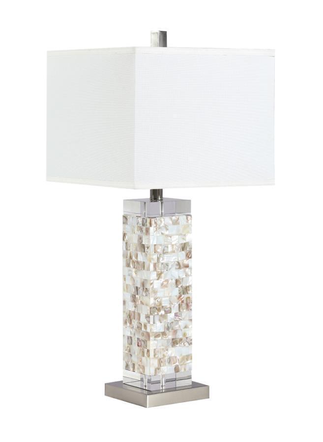 CoasterElevations - Capiz - Square Shade Table Lamp With Crystal Base - White And Silver - 5th Avenue Furniture