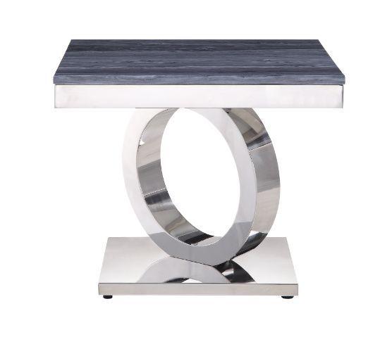 ACME - Zasir - End Table - Gray Printed Faux Marble & Mirrored Silver Finish - 5th Avenue Furniture