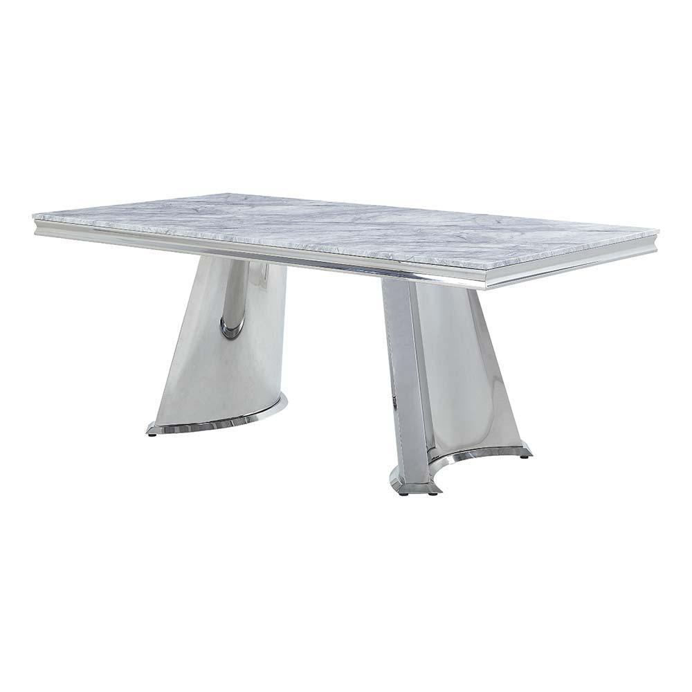 ACME - Destry Dining Table - Faux Marble Top & Mirrored Silver Finish - 5th Avenue Furniture