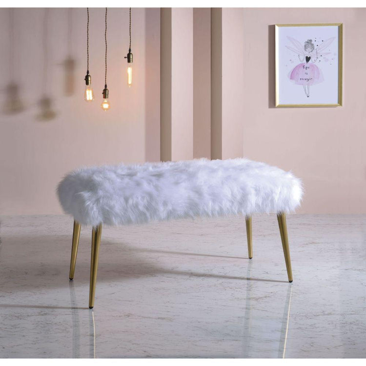 ACME - Bagley II - Bench - White Faux Fur & Gold - 20" - 5th Avenue Furniture