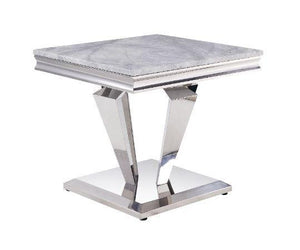 ACME - Satinka - End Table - Light Gray Printed Faux Marble & Mirrored Silver Finish - 5th Avenue Furniture