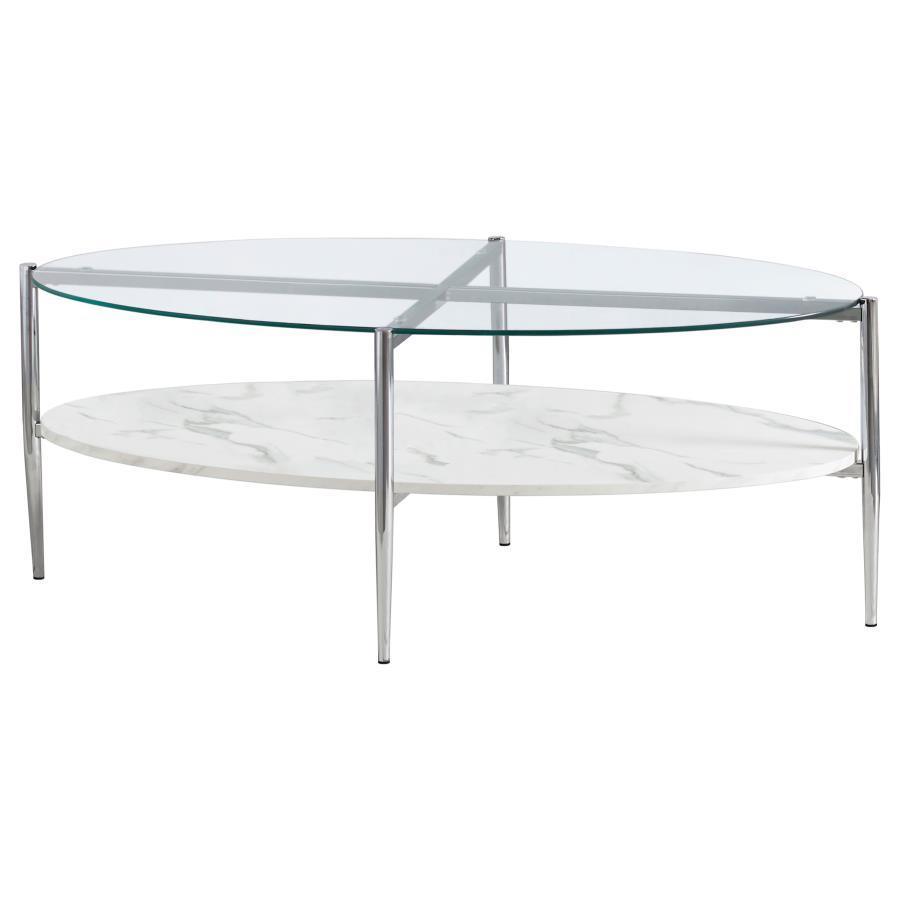 CoasterEssence - Cadee - Round Glass Top Coffee Table - White And Chrome - 5th Avenue Furniture