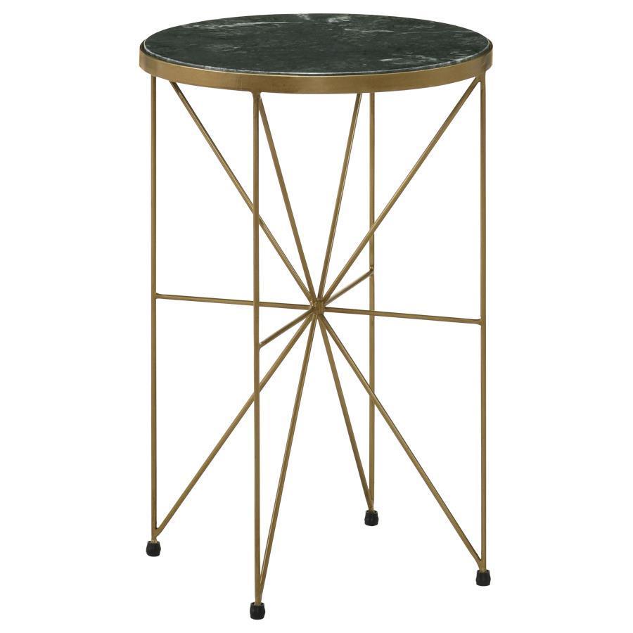 CoasterEssence - Eliska - Round Accent Table With Marble Top Green And Antique Gold - 5th Avenue Furniture