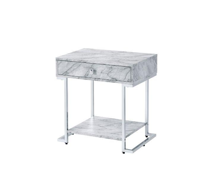 ACME - Wither - Accent Table - White Printed Faux Marble & Chrome Finish - 5th Avenue Furniture