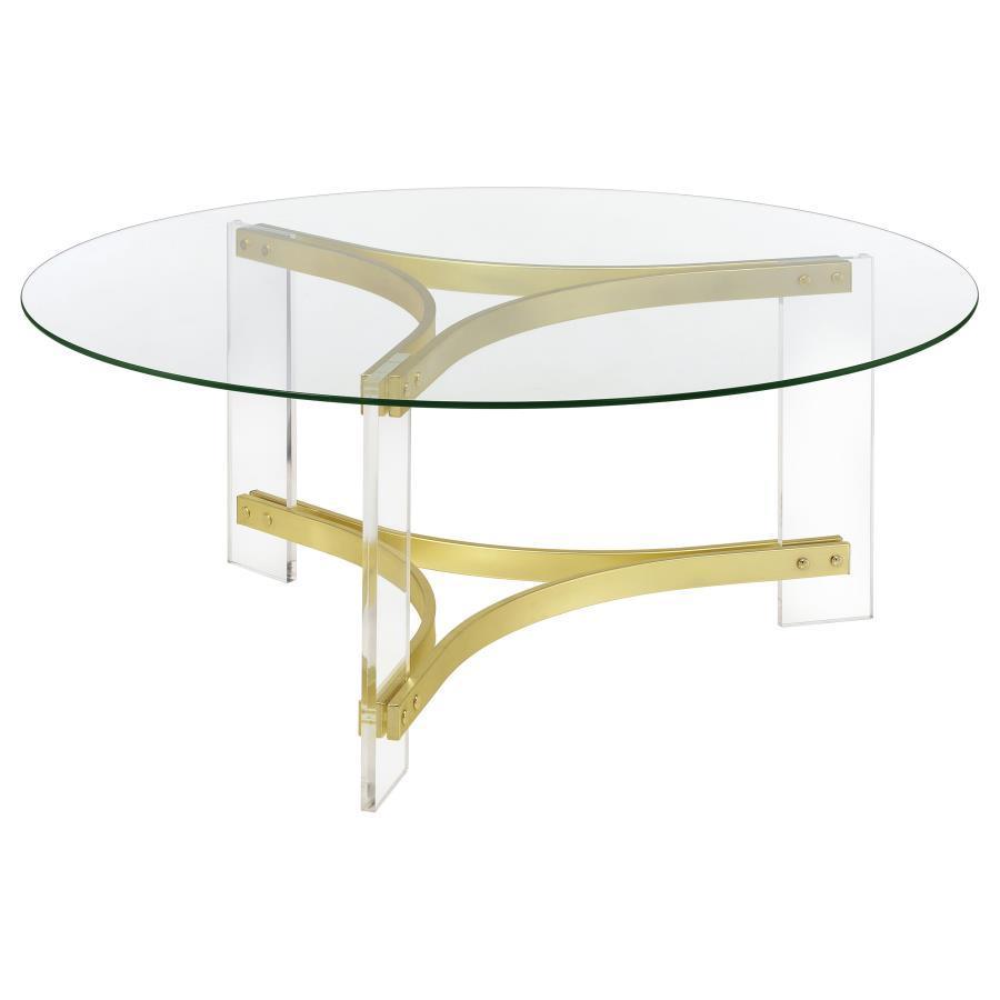 Coaster Fine Furniture - Janessa - Round Glass Top Coffee Table With Acrylic Legs - Clear And Matte Brass - 5th Avenue Furniture