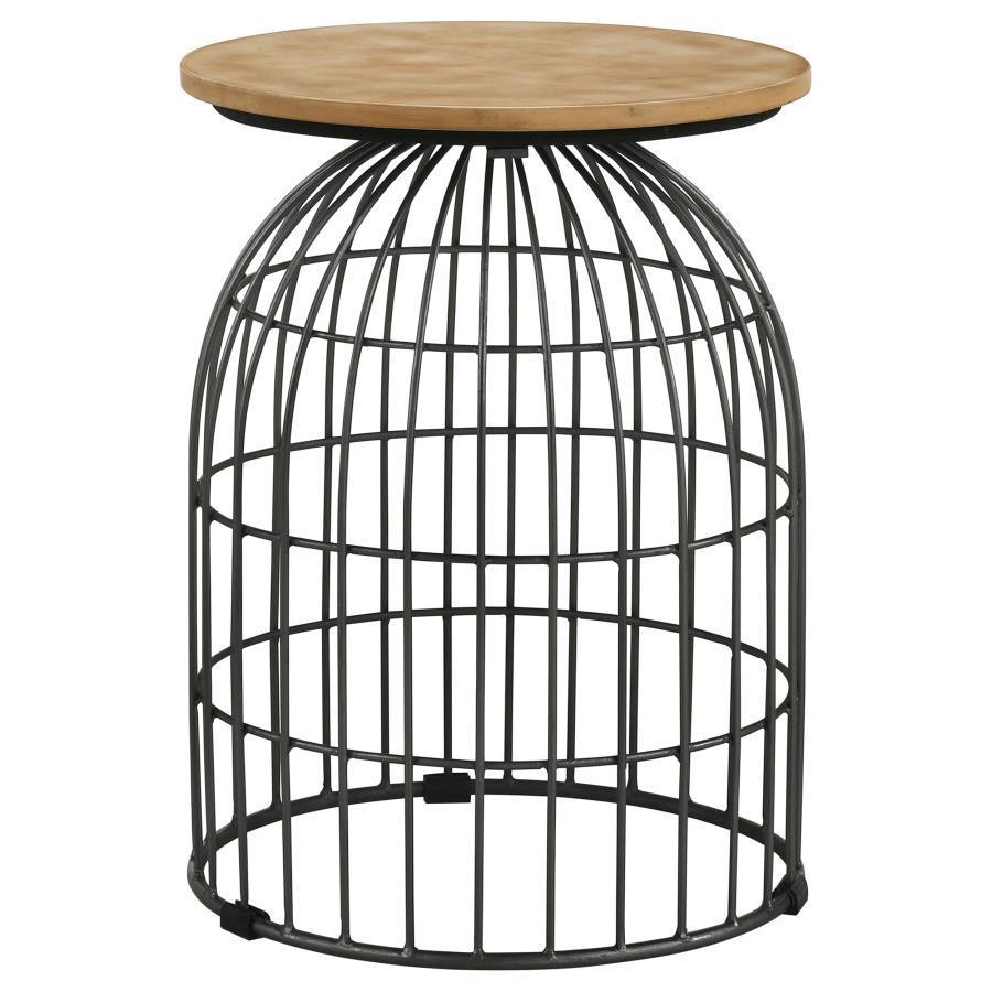 CoasterEssence - Bernardo - Round Accent Table With Bird Cage Base - Natural And Gunmetal - 5th Avenue Furniture