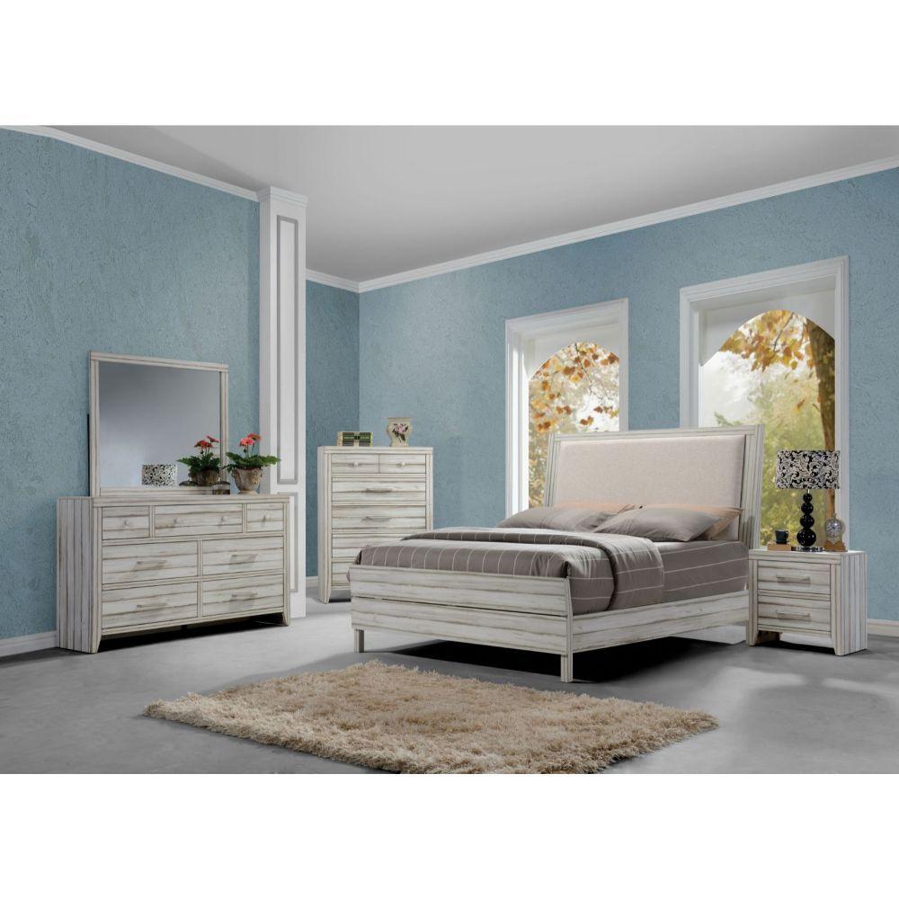 ACME - Shayla - Eastern King Bed - Fabric & Antique White - 5th Avenue Furniture