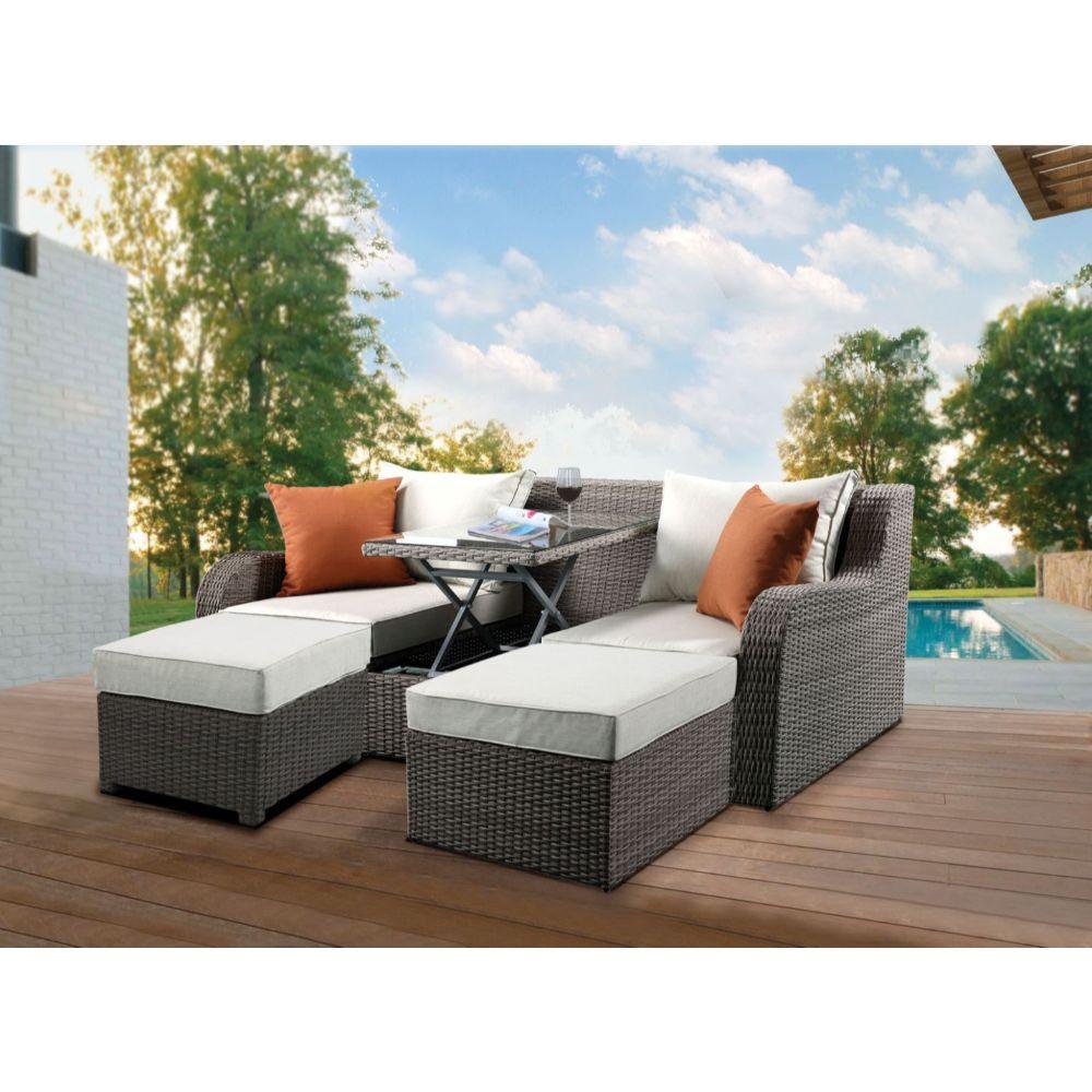 ACME - Salena - Patio Sofa & Ottoman - Beige Fabric & Gray Wicker - 30" - 5th Avenue Furniture