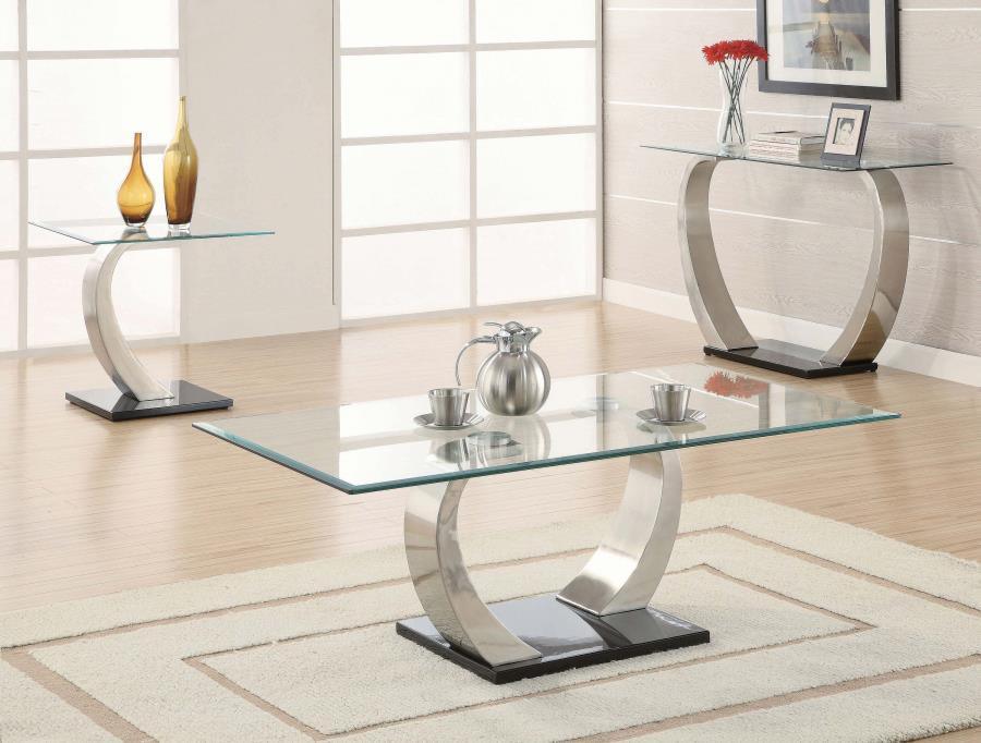 CoasterEssence - Pruitt - Glass Top Coffee Table - Clear And Satin - 5th Avenue Furniture