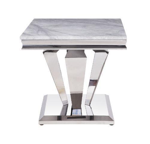 ACME - Satinka - End Table - Light Gray Printed Faux Marble & Mirrored Silver Finish - 5th Avenue Furniture