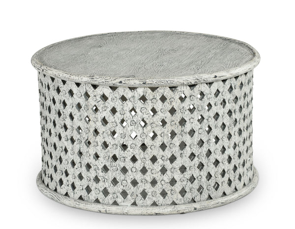 Steve Silver Furniture - Samir - Round Tribal Carved Wood Cocktail Table - White - 5th Avenue Furniture