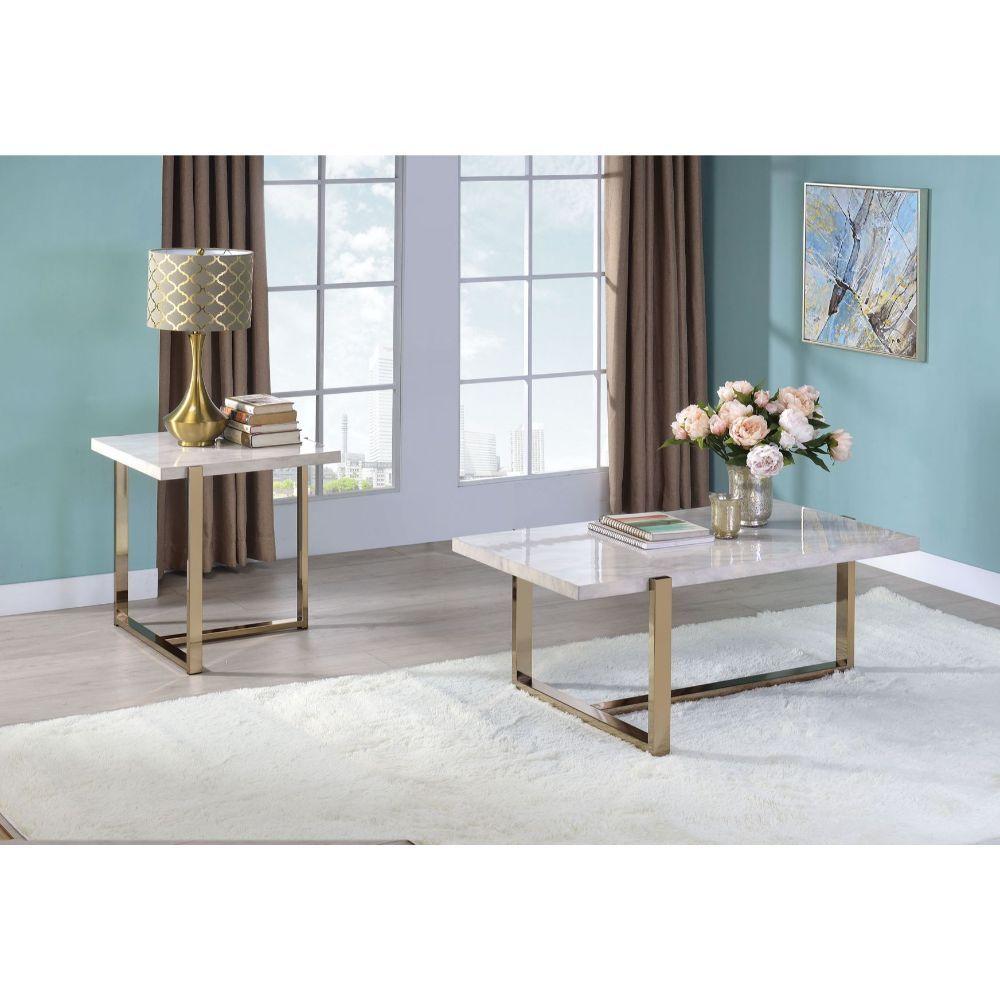 ACME - Feit - End Table - Faux Marble & Champagne - 5th Avenue Furniture