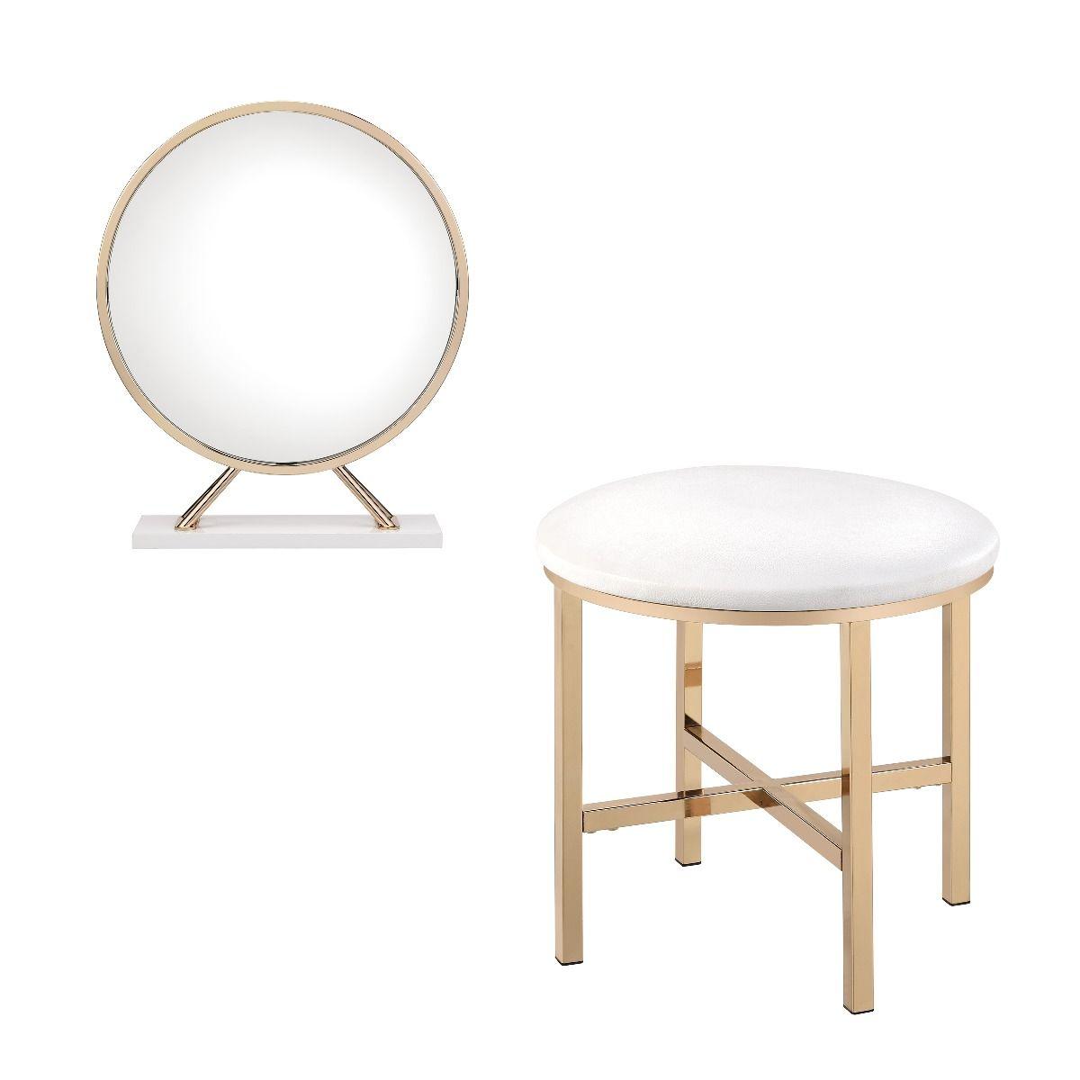 ACME - Midriaks - Vanity Mirror & Stool - PU, White & Gold Finish - 5th Avenue Furniture