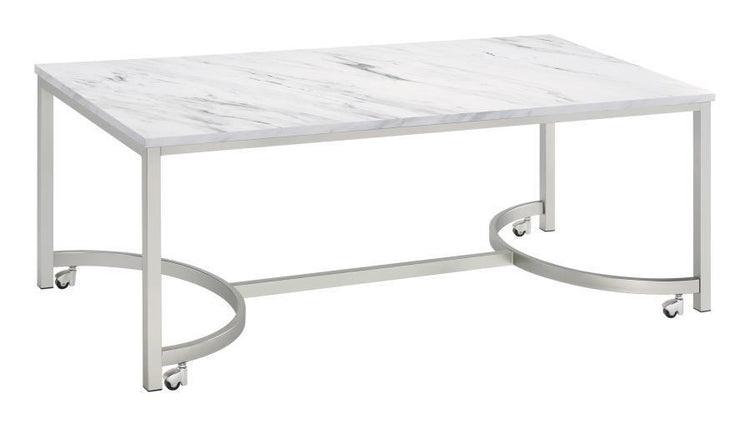 CoasterEssence - Leona - Coffee Table With Casters - White And Satin Nickel - 5th Avenue Furniture