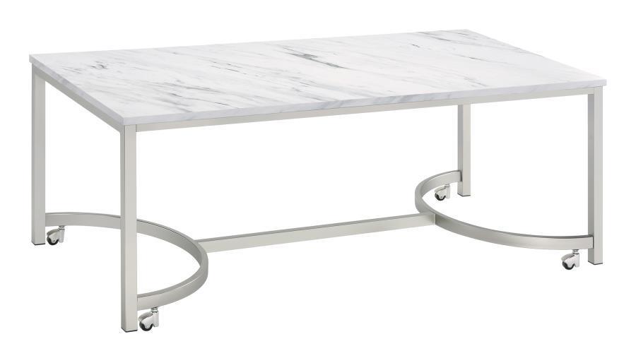 CoasterEssence - Leona - Coffee Table With Casters - White And Satin Nickel - 5th Avenue Furniture