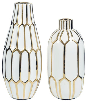 Ashley Furniture - Mohsen - Gold Finish / White - Vase Set (Set of 2) - 5th Avenue Furniture