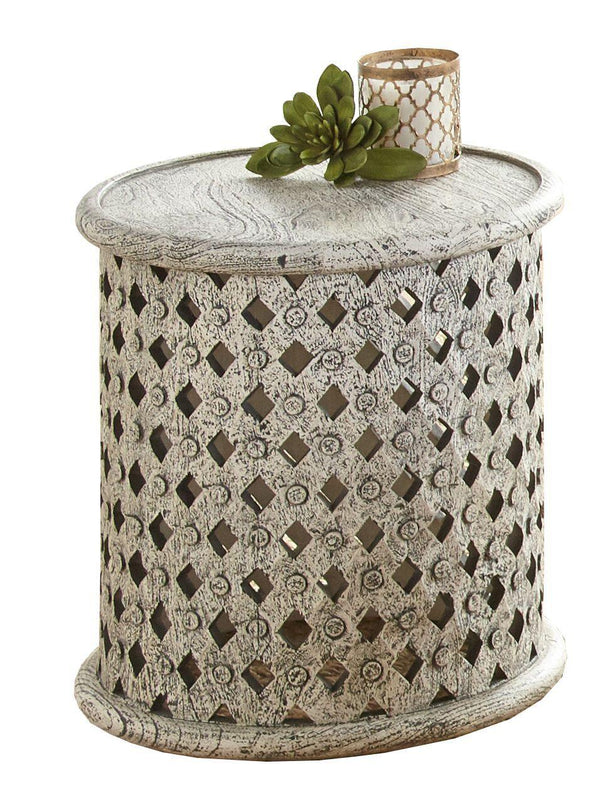 Steve Silver Furniture - Samir - Round Tribal Carved Wood End Table - White - 5th Avenue Furniture