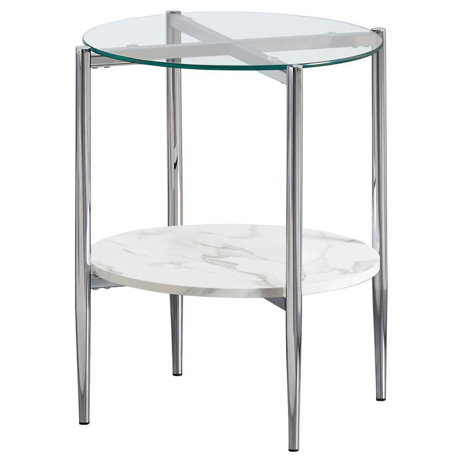 CoasterEssence - Cadee - Round Glass Top End Table - Clear And Chrome - 5th Avenue Furniture