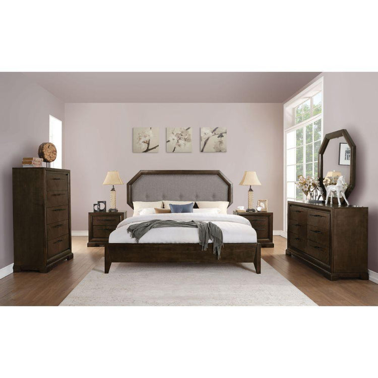 ACME - Selma - Queen Bed - Light Gray Fabric & Tobacco - 5th Avenue Furniture