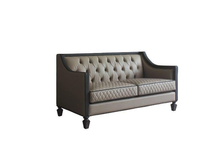 ACME - House - Beatrice Loveseat - Tan PU, Black PU & Charcoal Finish - 5th Avenue Furniture