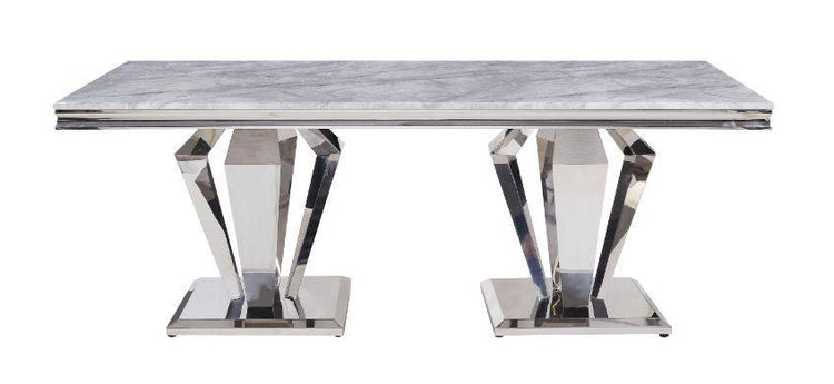 ACME - Satinka - Dining Table - Light Gray Printed Faux Marble & Mirrored Silver Finish - 5th Avenue Furniture