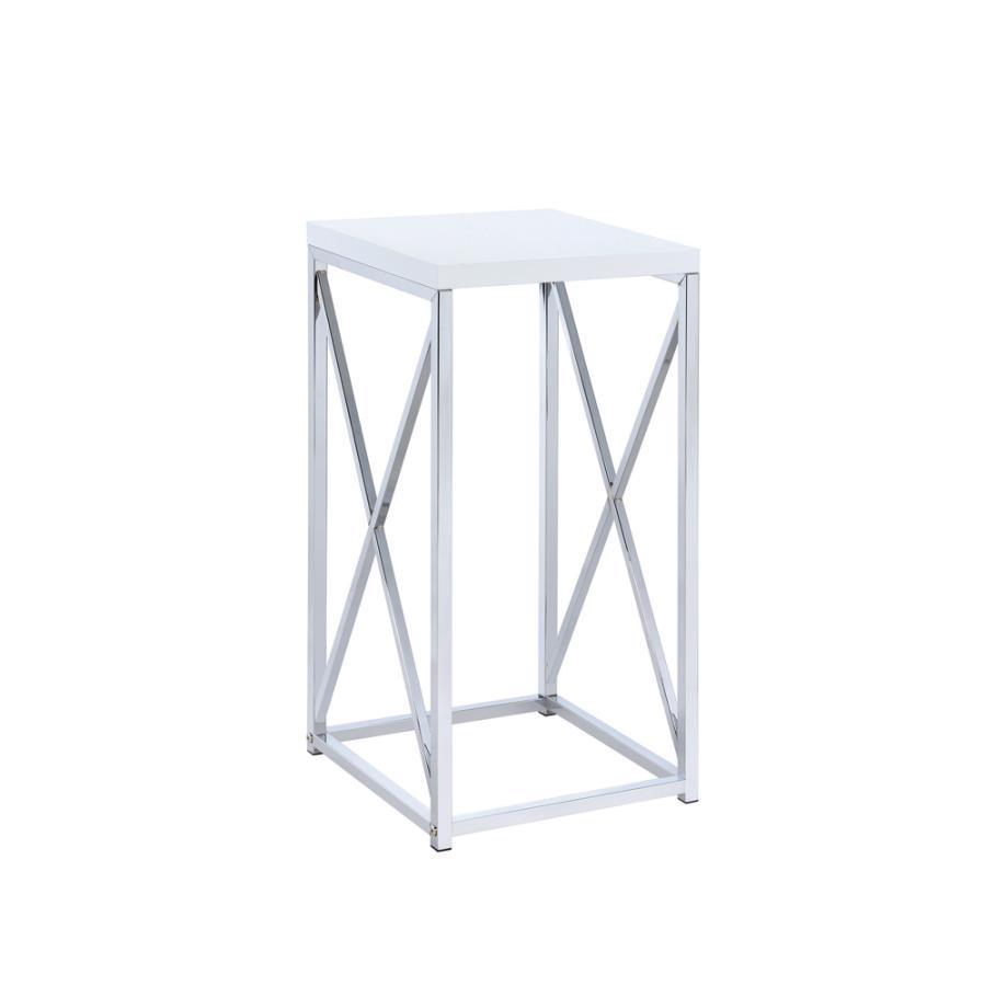 CoasterEveryday - Edmund - Accent Table With X-Cross - Glossy White And Chrome - 5th Avenue Furniture