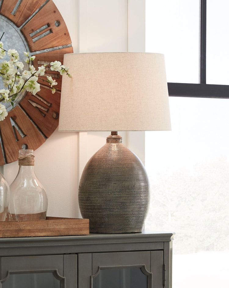 Ashley Furniture - Joyelle - Gray - Terracotta Table Lamp - 5th Avenue Furniture