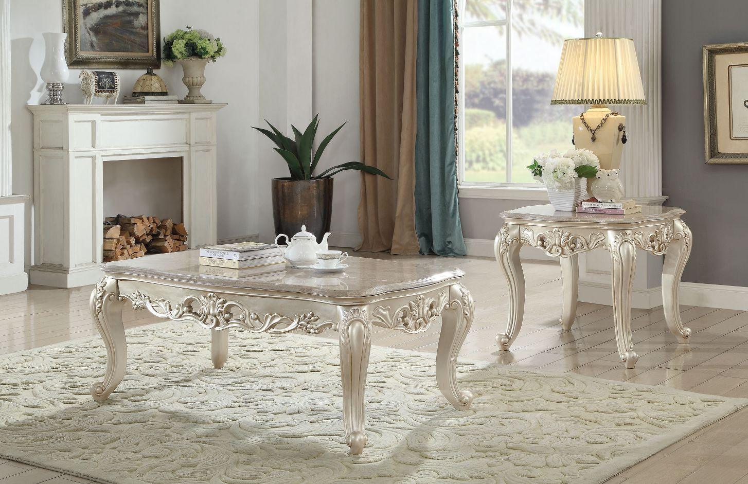 ACME - Gorsedd - Coffee Table - Marble & Antique White - 5th Avenue Furniture