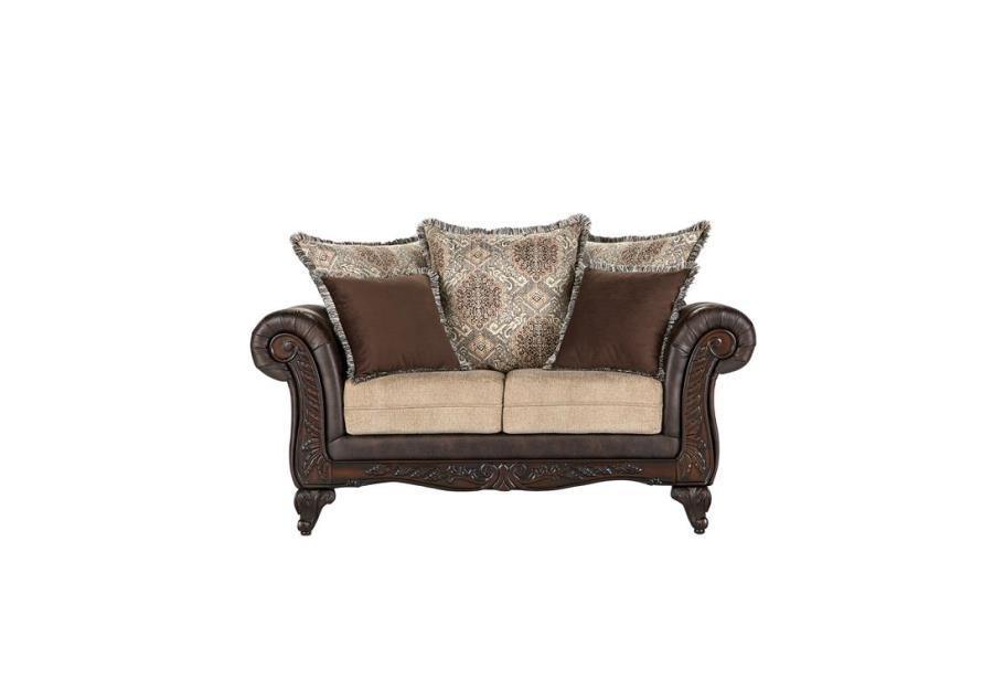 Coaster Fine Furniture - Elmbrook - Upholstered Rolled Arm Loveseat With Intricate Wood Carvings - Brown - 5th Avenue Furniture