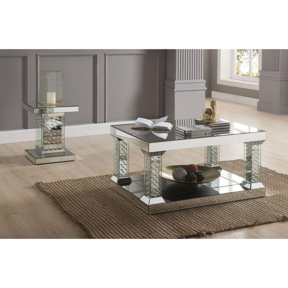 ACME - Nysa - Coffee Table - Mirrored & Faux Crystals - Glass - 19" - 5th Avenue Furniture