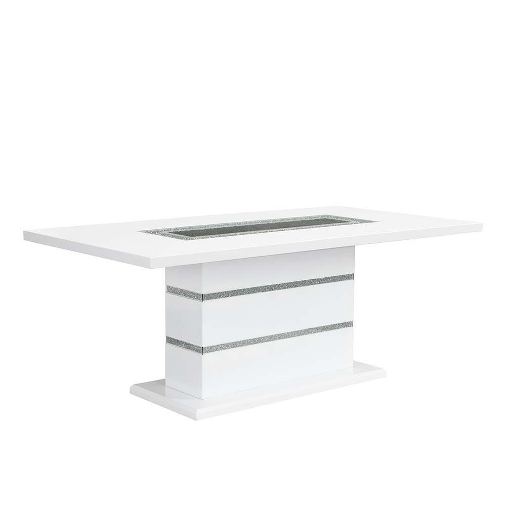 ACME - Elizaveta - Dining Table - Gray Velvet, Faux Crystal Diamonds &White High Gloss Finish - 5th Avenue Furniture