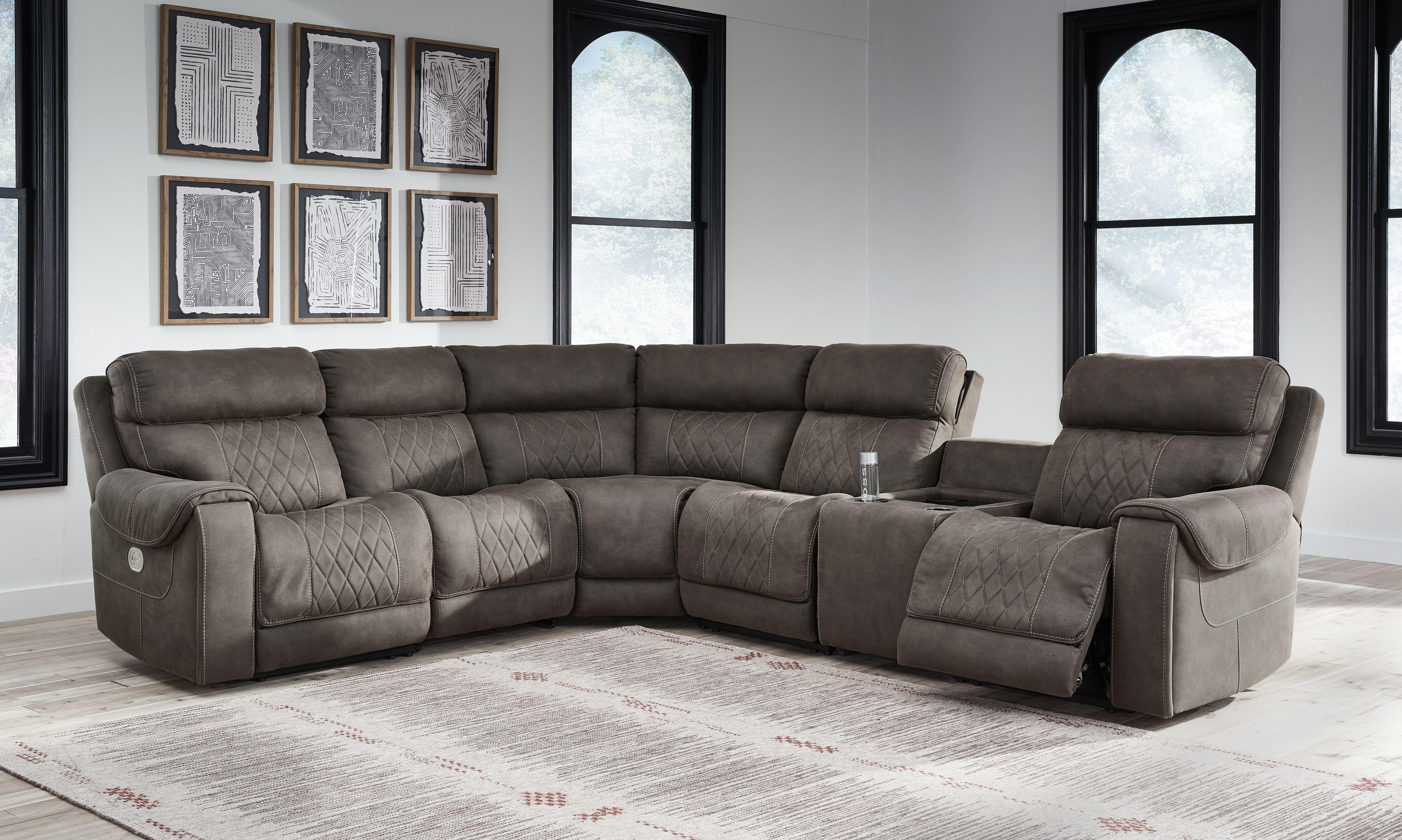 Signature Design by Ashley® - Hoopster - Gunmetal - Zero Wall Power Recliner With Console 6 Pc Sectional - 5th Avenue Furniture