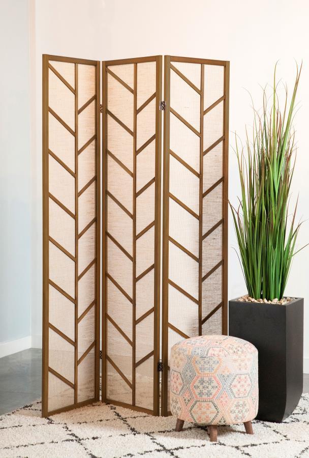 CoasterEveryday - Mila - Foldable 3-Panel Screen - Walnut And Linen - 5th Avenue Furniture
