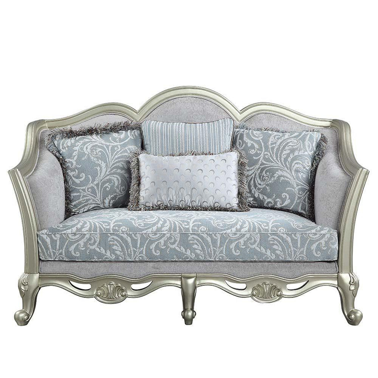 ACME - Qunsia - Loveseat - Light Gray Linen & Champagne Finish - 5th Avenue Furniture