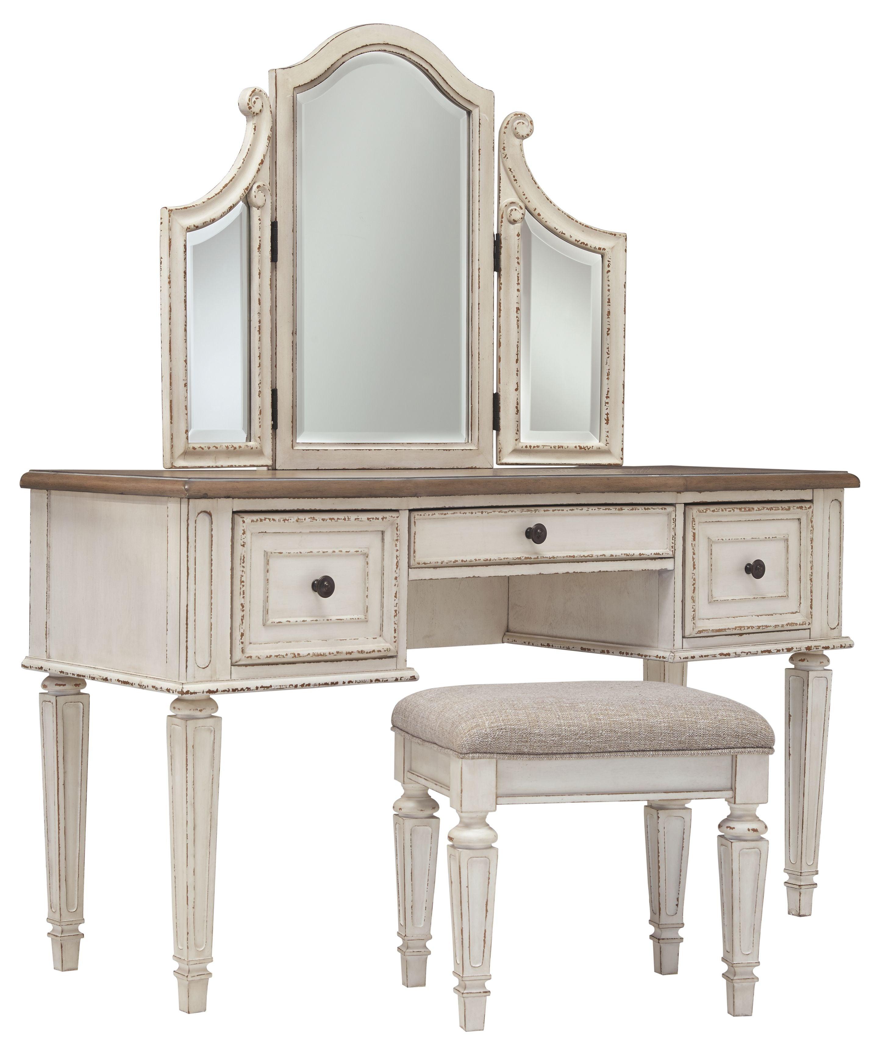Ashley Furniture - Realyn - White / Brown / Beige - Vanity/mirror/Stool (Set of 3) - 5th Avenue Furniture
