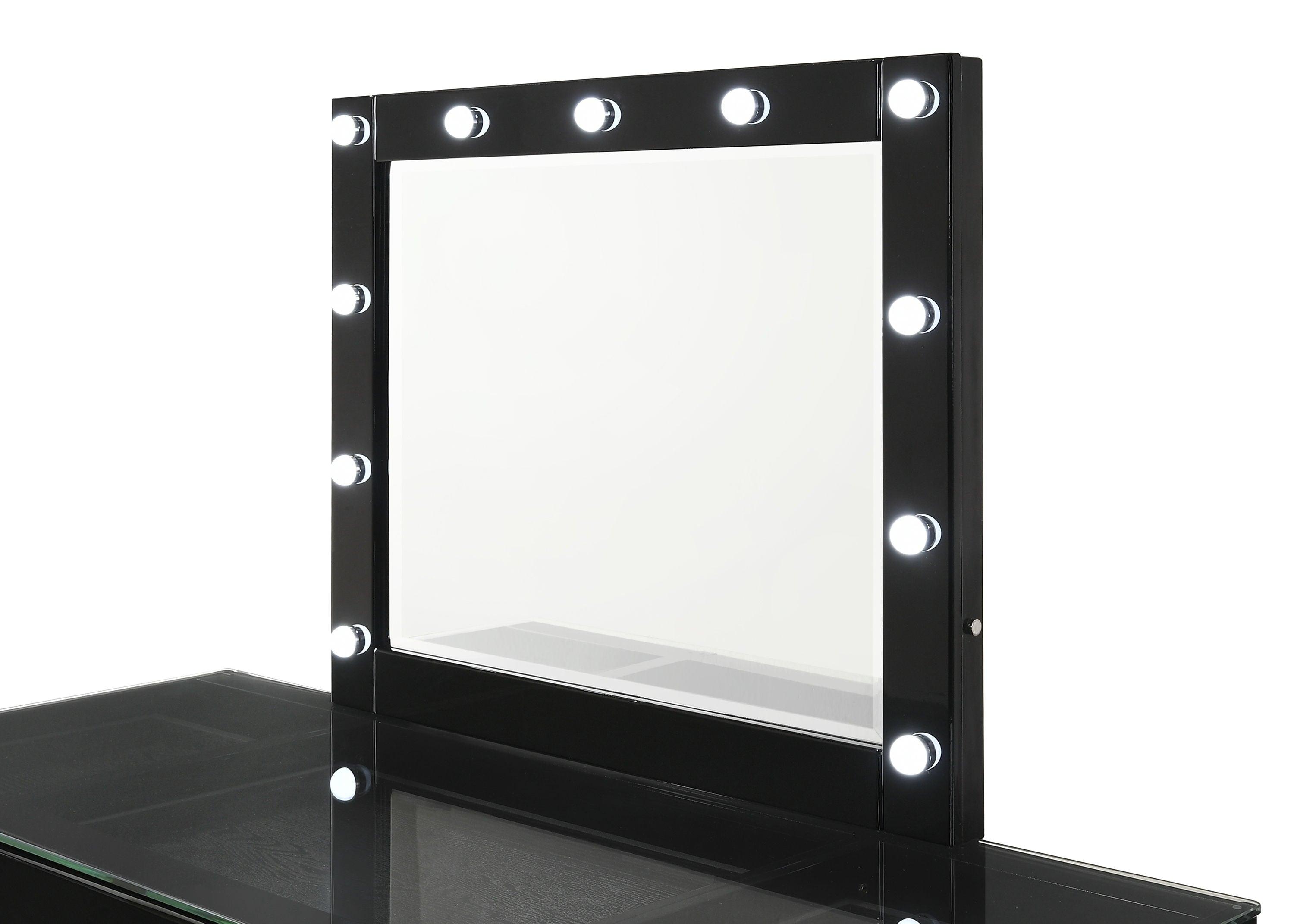 Crown Mark - Avery - Vanity Desk With Glass Top, Led Mirror & Stool - Black - 5th Avenue Furniture