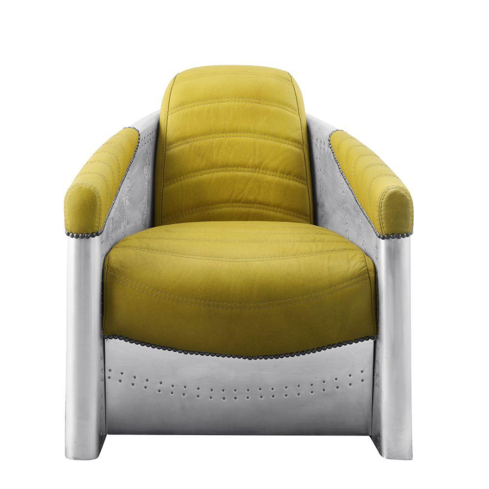 ACME - Brancaster - Accent Chair - Yellow Top Grain Leather & Aluminum - 5th Avenue Furniture