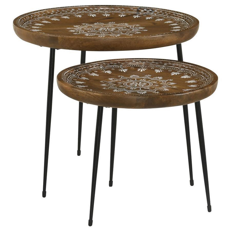 CoasterEssence - Nuala - 2 Piece Round Nesting Table With Tripod Tapered Legs - Honey And Black - 5th Avenue Furniture
