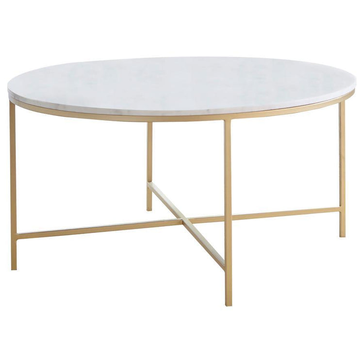 CoasterEssence - Ellison - Round X-Cross Coffee Table - White And Gold - 5th Avenue Furniture