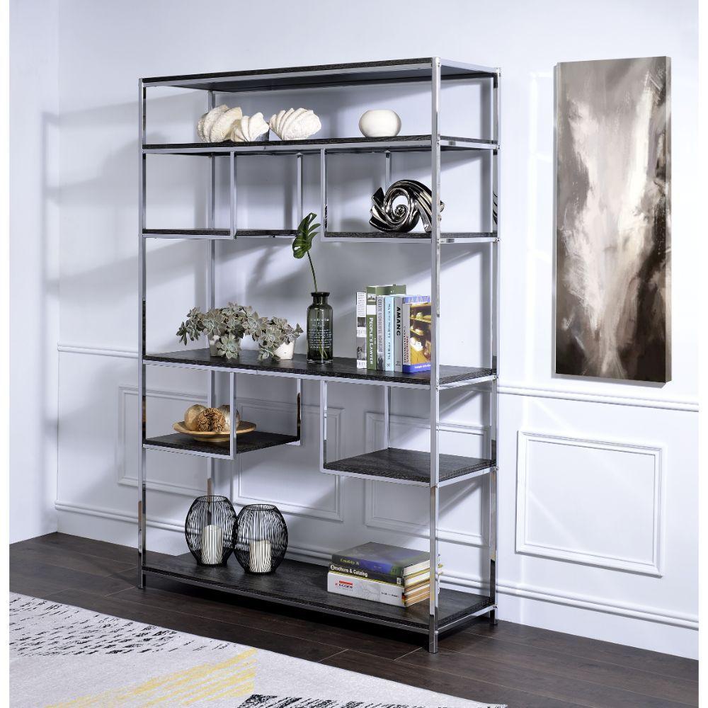 ACME - Vonara - Bookshelf - Rustic Gray Oak & Chrome - 5th Avenue Furniture