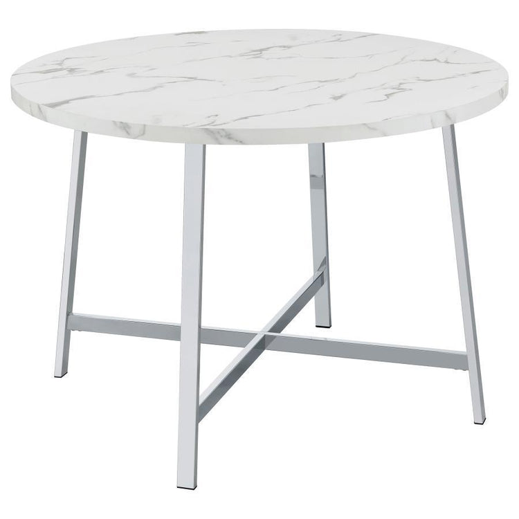 Coaster Fine Furniture - Alcott - Round Faux Carrara Marble Top Dining Table - Chrome - 5th Avenue Furniture