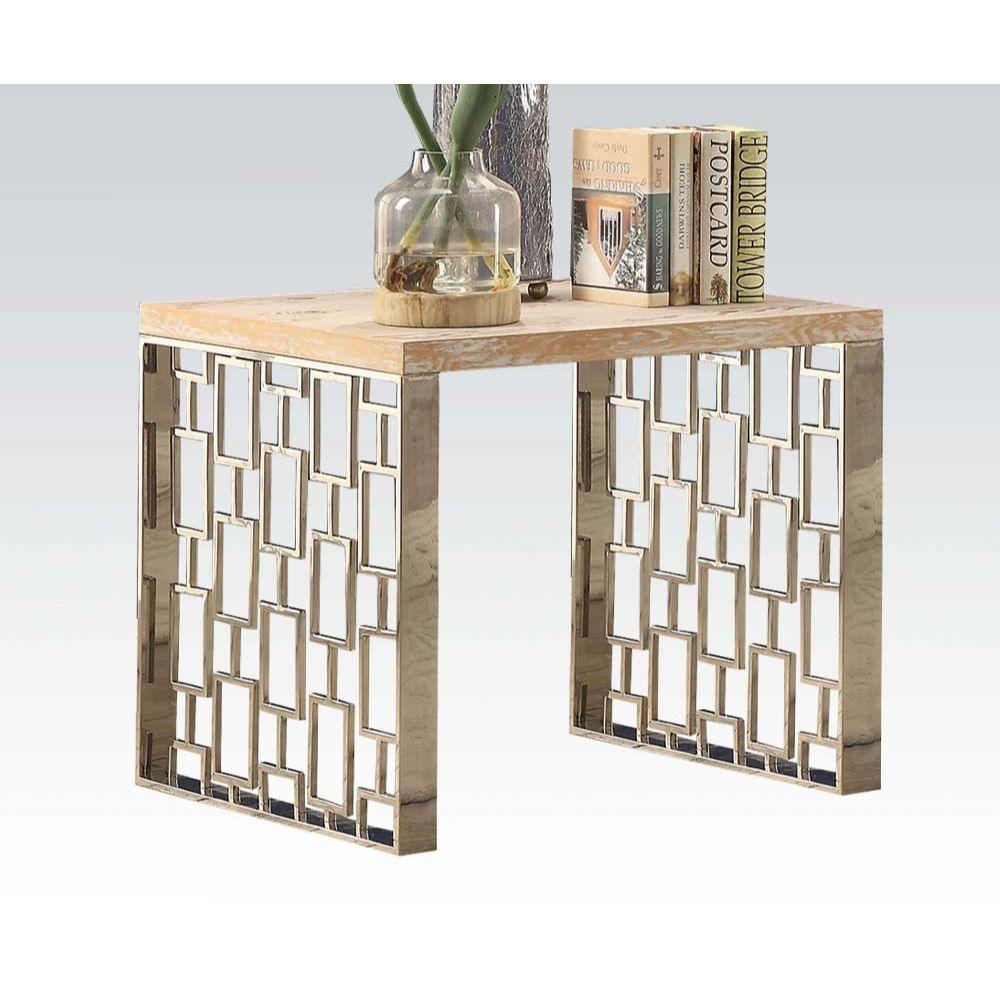 ACME - Portia - End Table - Weathered Light Oak & Stainless Steel - 5th Avenue Furniture