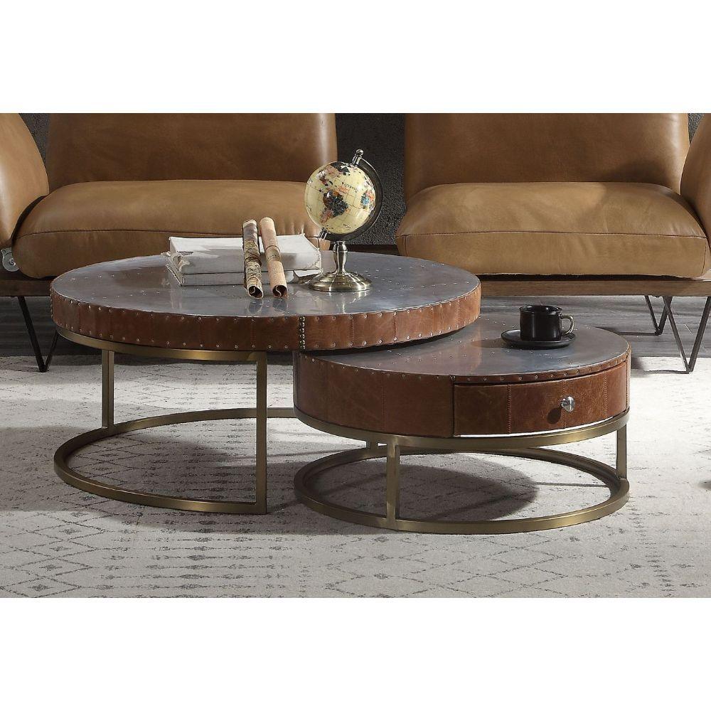 ACME - Tamas - Coffee Table - Aluminum & Cocoa Top Grain Leather - 13" - 5th Avenue Furniture